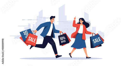 Excited man and woman running towards a sale carrying multiple shopping bags with 50 percent off and sale text.