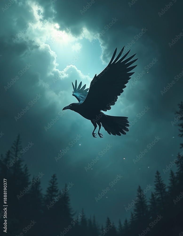 Fototapeta premium Black raven soars against moody sky with bright light breaking through clouds. Dark forest below under dim twilight. Bird flies over pine trees in mist.