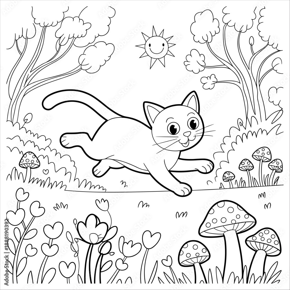 Fototapeta premium cute cat coloring book with kawaii kitten outline art, cat coloring page for kids, hand draw black line art.