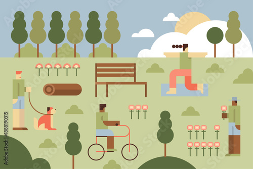 Everyday life activities in stylized park landscape