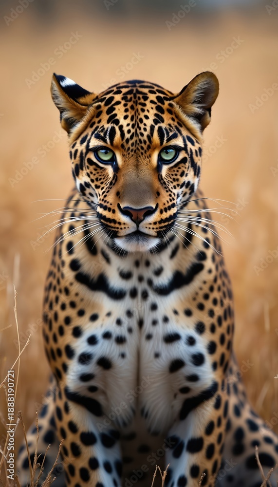 Obraz premium Close-up portrait of wild leopard with green eyes, sitting in dry grass. Spotted fur pattern clearly visible. Big cat gazes intently, showing powerful predator nature. Perfect for nature lovers as