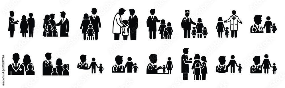 Fototapeta premium doctor with patient vector icon set multiple style collection. doctor day silhouette medical symbols for healthcare