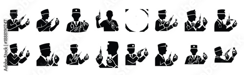 doctor with syringe vector icon set multiple style collection. doctor day silhouette medical symbols for healthcare