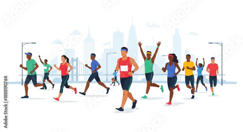 Diverse group of runners participating in a city marathon race.