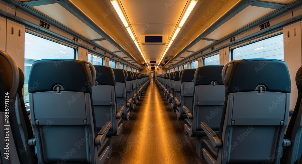 Obraz premium Empty modern train interior aisle with warm lighting