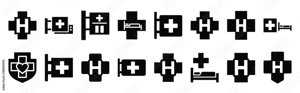Fototapeta premium hospital signage vector icon set multiple style collection. doctor day silhouette medical symbols for healthcare