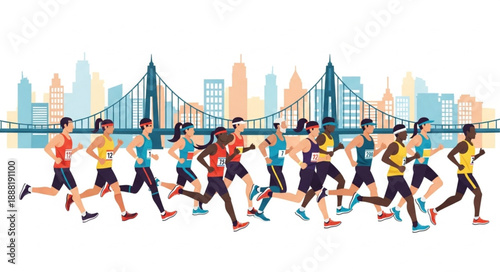 Diverse group of runners participating in a city marathon race.