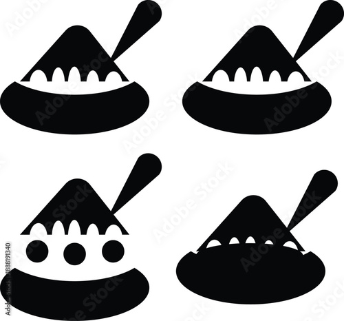 Four variations of a minimalist black and white icon depicting a scoop in a pile of powder