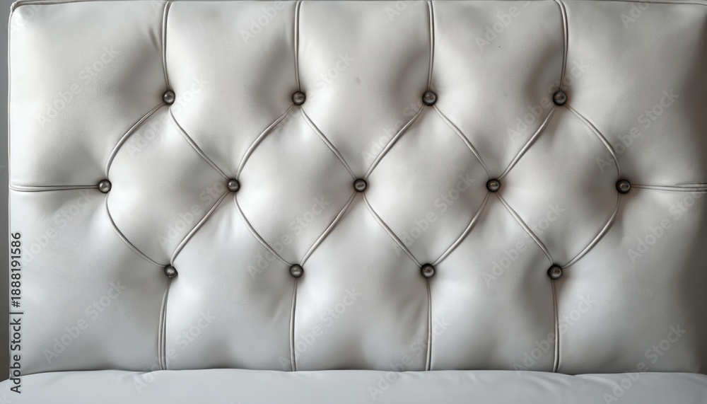 Fototapeta premium White leather headboard with diamond tufting and silver nailhead trim. This textured upholstery offers a classic look for bed or sofa. Adds comfort and style to bedroom or living space.