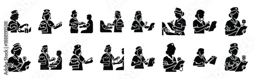 nurse taking vitals vector icon set multiple style collection. doctor day silhouette medical symbols for healthcare
