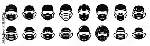 surgery mask and vector icon set multiple style collection. doctor day silhouette medical symbols for healthcare