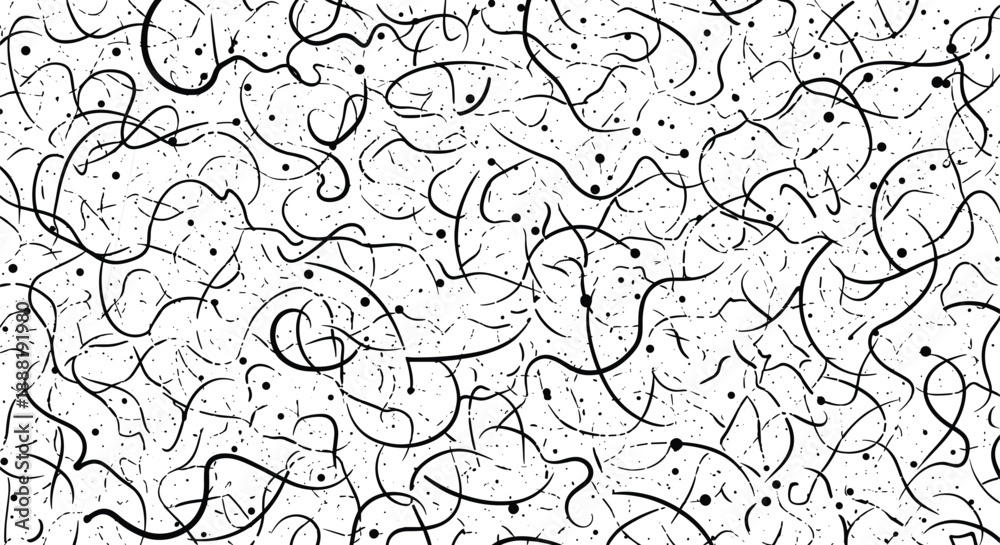 Fototapeta premium Chaotic black line and dot pattern with swirling strokes, abstract visual texture for expressive design and perception studies