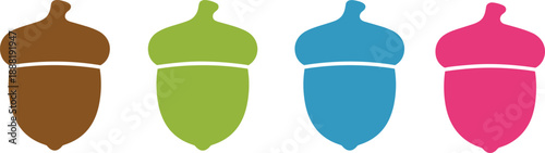 Colorful acorn icon set, flat autumn nut symbols, minimal vector illustration, modern nature design, isolated on white background, branding graphics