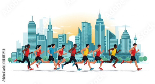 Diverse group of runners participating in a city marathon race with skyscrapers in the background.