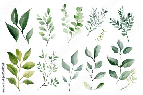 Hand drawn watercolor green leaves and branches collection for crafts and creative projects