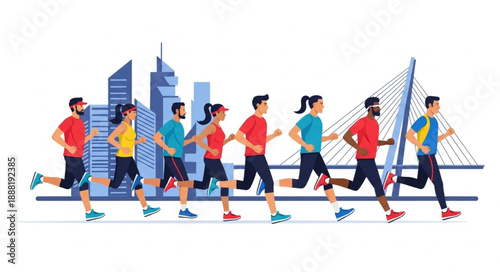 Diverse group of runners participating in a city marathon race.