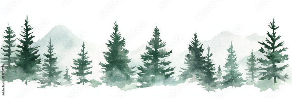 Obraz premium Tall pine trees stand against mountains in a natural landscape with a white background and watercolor style