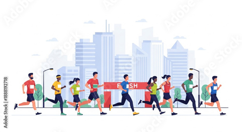 Diverse group of runners participating in a city marathon race crossing the finish line.