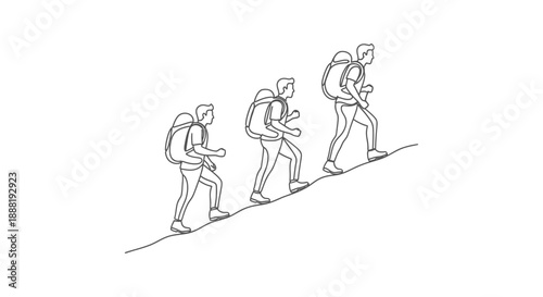men hiking uphill in a continuous line art style symbolizing progress challenge and the journey towards success or adventure for business concepts.