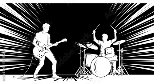 rock band music performance vector illustration featuring an energetic guitarist and drummer playing live on stage for concert promotion
