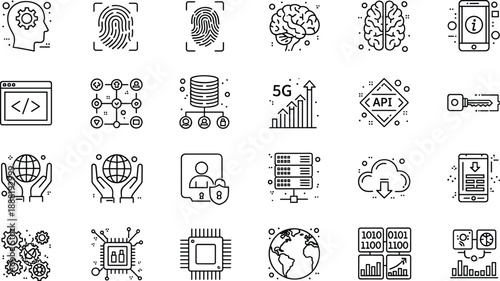 Technology icons, artificial intelligence symbols, data analytics vector set, cloud storage illustration, cybersecurity elements, global connectivity, coding resources, mobile computing