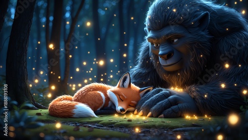 Cute forest monster watching over sleeping fox surrounded by glowing fireflies, magical night scene in enchanted woods with copy space