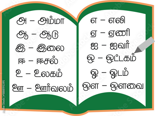 Illustrated open book showing Tamil vowels paired with example words for each letter, designed for language learning and literacy education. 