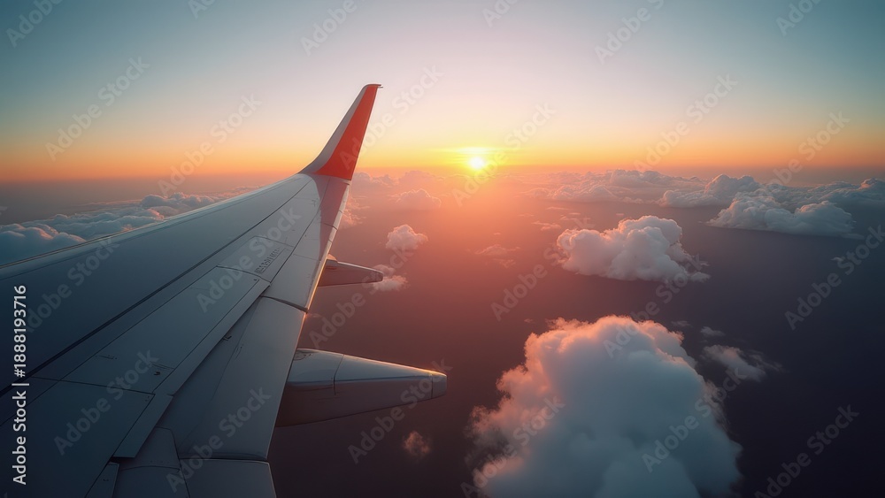 Obraz premium aerial view from airplane window above green ground with beautiful clouds at sunrise earth and sky seen through aircraft window travel scene concept of aviation tourism transportation business