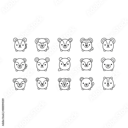 A collection of cute animal faces drawn in black and white on a white background.