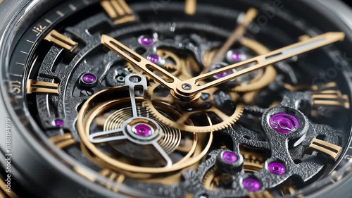 4K Luxury automatic skeleton watch movement closeup intricate mechanical gears, golden hands, and purple rubies visible video
