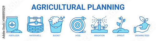 Agricultural Planning web banner icon vector illustration concept with icon of fertilizer, water well, bucket, hose, irrigation, sprout, and growing seed.