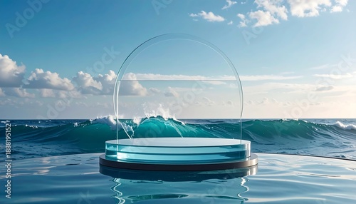 A glass-enclosed podium sits in water, ocean waves behind under a bright blue sky