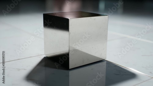 4K Reflective metallic cube on a light tiled floor with dramatic shadows and reflections, showcasing industrial design and abstract geometry video