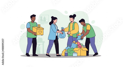 Diverse people helping with donation boxes and goods.