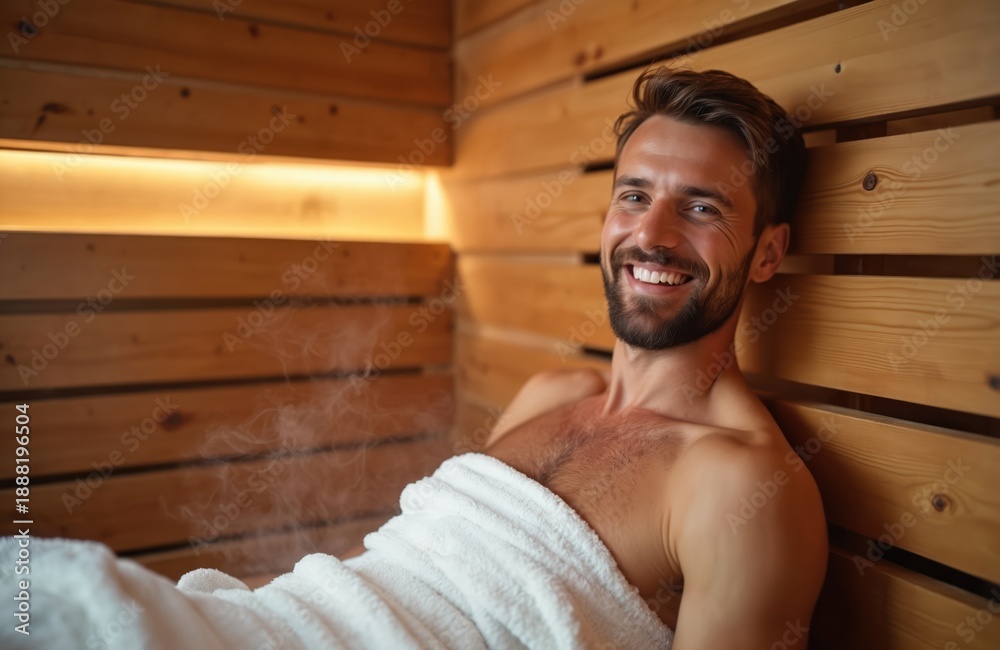 Fototapeta premium Man smiles happily while relaxing in a steamy wooden sauna. He wears a white towel. Enjoying wellness, heat and steam therapy in a spa salon.