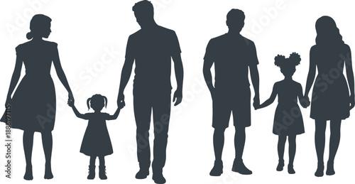 Family silhouette set, parents with child, hand-holding pose, casual clothing, emotional bond, black vector icons, flat vector illustration