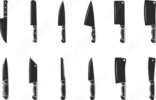 Kitchen knife silhouette set with chef butcher cleaver bread knives isolated cooking tools flat vector illustration