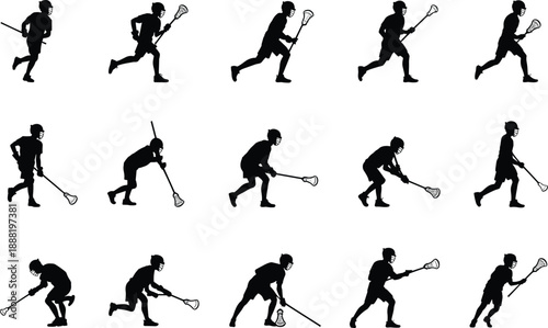 Lacrosse player silhouette set, dynamic sport poses, stick handling motion, athletic action, black vector icons, flat vector illustration