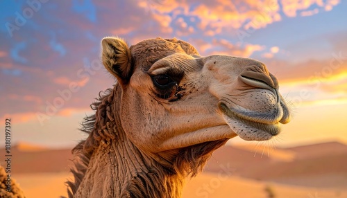 Close-up of a camel's head in a desert landscape during a golden sunrise