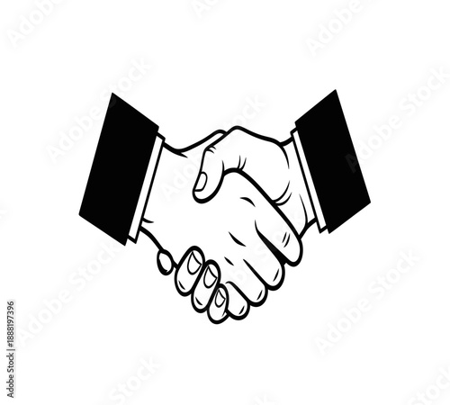 A simple black and white illustration depicting a firm handshake between two people