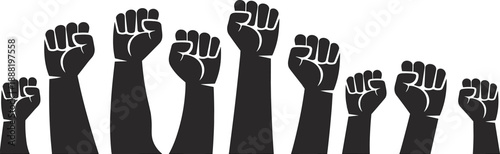 Raised fist silhouette set for protest, solidarity, resistance, unity, activism, social justice, flat vector illustration, black icon collection
