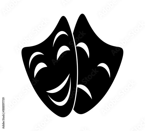 A striking black and white illustration depicting two classic theatrical masks one smiling one frowning