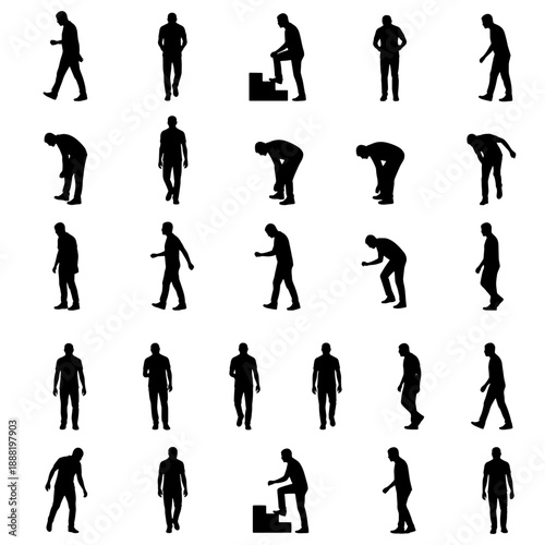 Set of 32 human figures in black silhouette style showing walking, standing, bending, stepping up and natural everyday movements. Diverse male poses captured in side and front views