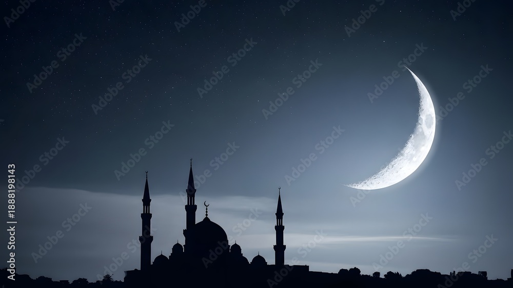 Naklejka premium Silhouette of mosque under crescent moon at night