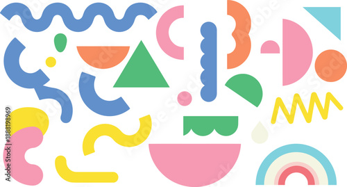 Colorful abstract shapes pattern with wavy lines, triangles, arches, droplets, playful modern design, vibrant composition, white background