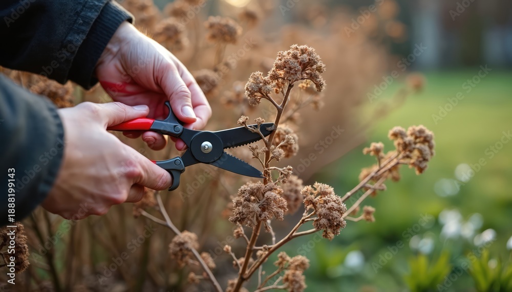 Fototapeta premium Gardener trims dead blooms on dry plant with sharp pruners in soft winter light. Person does garden work, tidies bush and prepares yard for spring renewal.