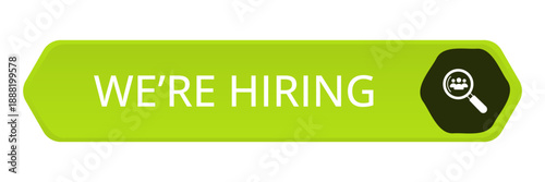 Modern CTA button, "We're Hiring" text, 3D effect, web UI element for landing pages, mobile apps or banners, for HR presentations.