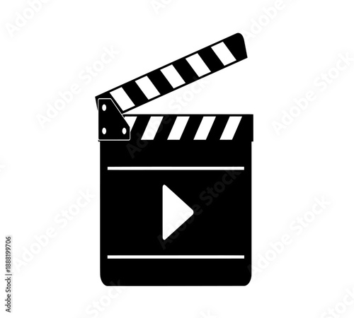 Black and white clapperboard icon with a play button symbol representing film and video
