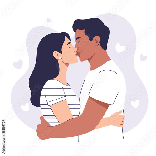 A diverse couple shares an intimate moment embracing and kissing affectionately with hearts surrounding them