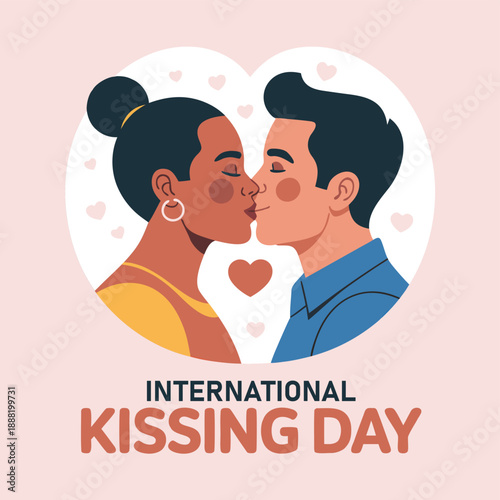 A diverse couple shares a tender kiss framed by a heart celebrating international kissing day